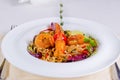 Speciality pasta recipe with prawns and vegetables