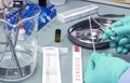 Specialized criminalistic police cut with blood swab scissors, DNA analysis