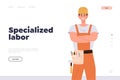 Specialized labor landing page design template with friendly smiling repairman character with tools