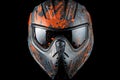 Specialized paintball mask featuring paintball impact marks and colorful paint splatter effects Royalty Free Stock Photo