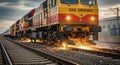 Specialized yellow rail grinder train with workers performing maintenance, creating sparks on railway tracks Royalty Free Stock Photo