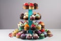 specially designed cupcake stand displaying a variety of flavors and designs