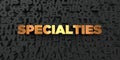 Specialties - Gold text on black background - 3D rendered royalty free stock picture