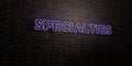 SPECIALTIES -Realistic Neon Sign on Brick Wall background - 3D rendered royalty free stock image