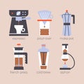 Specialty coffee brewing methods infographic. Flat vector illustration of coffee makers. Royalty Free Stock Photo