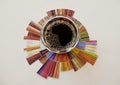 Specialty coffee concept. Black filter coffee in glass on taster`s flavor wheel. Top view. Third wave aesthetic