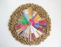 Specialty coffee concept. Raw green coffee beans on taster`s flavor wheel. Top view. Third wave coffee