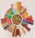 Specialty coffee concept. Raw green coffee beans in white cup on taster`s flavor wheel. Top view