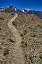 Specific Himalayan Karakoram landscape with deep valleys, arid landscape and peaks over 7000 and 8000m full of snow with walls sti