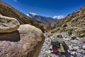 Specific Himalayan Karakoram landscape with deep valleys, arid landscape and peaks over 7000 and 8000m full of snow with walls sti