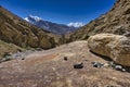 Specific Himalayan Karakoram landscape with deep valleys, arid landscape and peaks over 7000 and 8000m full of snow with walls sti