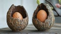 Speckled Brown Eggs in Rustic Wooden Holders Royalty Free Stock Photo