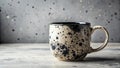 A speckled ceramic mug sits on a textured surface against a mottled backdrop. Generative AI Royalty Free Stock Photo