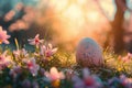 Enchanted Easter Egg Nestled Among Spring Blossoms at Golden Hour Royalty Free Stock Photo