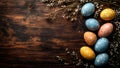 Speckled Easter Eggs with Floral Branches on Rustic Wooden Background Royalty Free Stock Photo