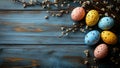 Speckled Easter Eggs with Floral Branches on Rustic Wooden Background with copy space Royalty Free Stock Photo