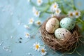 Speckled Easter eggs nestled in a natural nest among white daisies on a blue surface create a vibrant spring scene