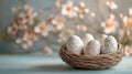 Speckled Easter Eggs Nestled In A Woven Nest Royalty Free Stock Photo