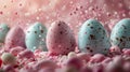 Speckled Easter Eggs In Pastel Pink And Blue Resting Amongst Small Candy Beads