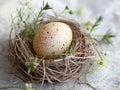Speckled egg in a nest with greenery Royalty Free Stock Photo