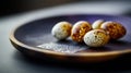 Speckled quail eggs nestled on rustic dark wooden surface, soft focus highlighting delicate shell patterns and subtle texture Royalty Free Stock Photo