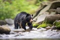 spectacled bear crossing a shallow mountain brook