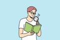 Spectacled man reading book using magnifying glass. Royalty Free Stock Photo