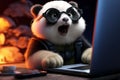 Spectacled panda, mouth open, engrossed at laptops captivating allure