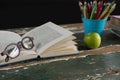 Spectacles on open book with pen holder and apple Royalty Free Stock Photo