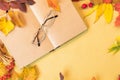 Spectacles on a revealed notebook for records or drawing in a frame of autumn leaves which turn into the warm colors of orange,