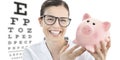 Spectacles save concept, sale eye examination, woman smiling with eyeglasses and piggy bank  with optician chart on white Royalty Free Stock Photo