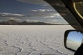 Spectactular car window view on the Uyuni salt flats