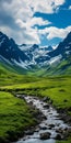 Spectacular Adventure: A Green Field And Mountain Stream