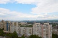 Spectacular aerial panorama of Chisinau city made from the top floor tower on cloudy day, Moldova.