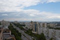 Spectacular aerial panorama of Chisinau city made from the top floor tower on cloudy day, Moldova.