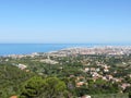 Spectacular aerial panorama of Livorno city made from the nearby hills of Montenero on sunny day, Tuscany Italy