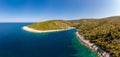 Spectacular aerial sea landscape of rocky coast and crystal clear water. Royalty Free Stock Photo