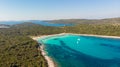 Spectacular aerial sea landscape of sandy beach and crystal clear water. Royalty Free Stock Photo