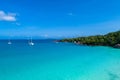 Spectacular aerial view of some yachts and small boats floating on a clear and turquoise sea, Seychelles in the Indian Ocean.Top Royalty Free Stock Photo