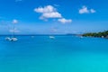 Spectacular aerial view of some yachts and small boats floating on a clear and turquoise sea, Seychelles in the Indian Ocean.Top Royalty Free Stock Photo