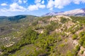 Drone photography, hilly landscape with fir trees and mountain range. Attavyros Mountain, Rhodes island.