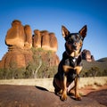 A Cool Australian Kelpie standing majestically atop a rugged cliff Royalty Free Stock Photo