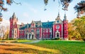 Spectacular autumn scene of Palace in Plawniowice. Colorful morning landscape of Upper Silesia, Poland. Traveling concept