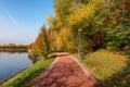 Spectacular autumn view of alley near pond in sunny day.