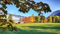 Spectacular autumn view of lake meadows trees and mountains in Sell Am See Royalty Free Stock Photo