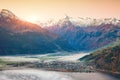 Spectacular autumn view of lake meadows trees and mountains in Sell Am See Royalty Free Stock Photo