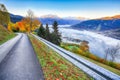 Spectacular autumn view of lake meadows trees and mountains in Sell Am See Royalty Free Stock Photo