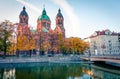 Spectacular autumn view of Landmark Protestant St. Luke`s Church. Bright morning cityscape of Munich, Bavaria, Germany, Europe. Tr Royalty Free Stock Photo