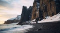 Spectacular Black Cliff With Snow On Arctic Beach