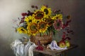 A spectacular bouquet of sunflowers in a basket . Royalty Free Stock Photo